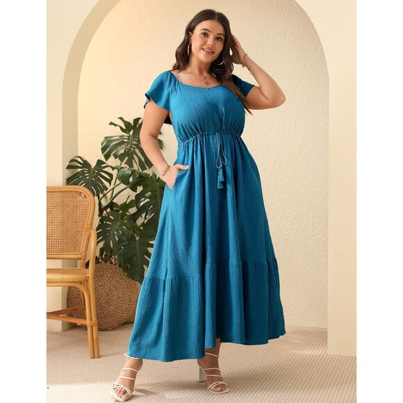 Plus Size Boho Maxi Dress Short Sleeves High Waist Ruffle Pockets Casual Summer - Picture 3 of 6